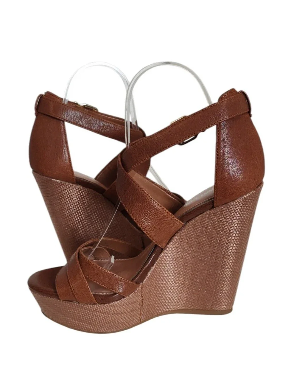 Gianni Bini Brown Leather Crisscross Strappy Platform Wedges 7.5